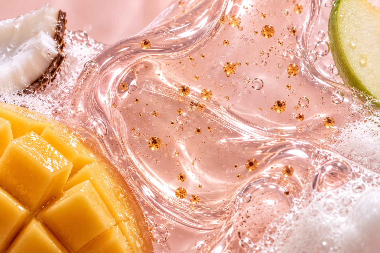 Interpretare artistică a texturii de gel cu perle, mango, măr și cocos